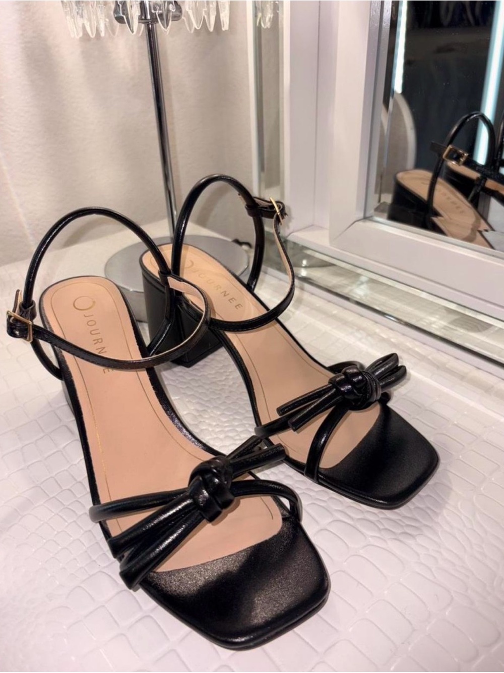 Journee Collection Black Knotted Strap Block Heel Sandals with Square Toe
